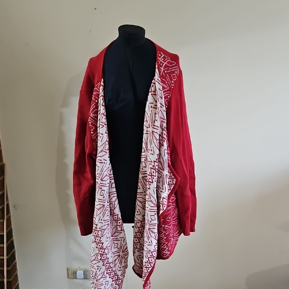 Avon Red and White Open-Front Cardigan Sweater